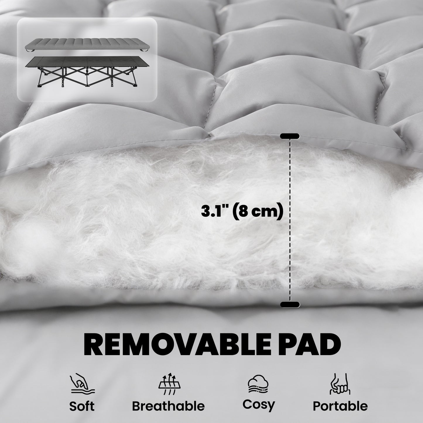 Camping Cot with Soft Pad, 32" Extra Wide Folding Cots with Non-Slip Feet and Carry Bag, Grey