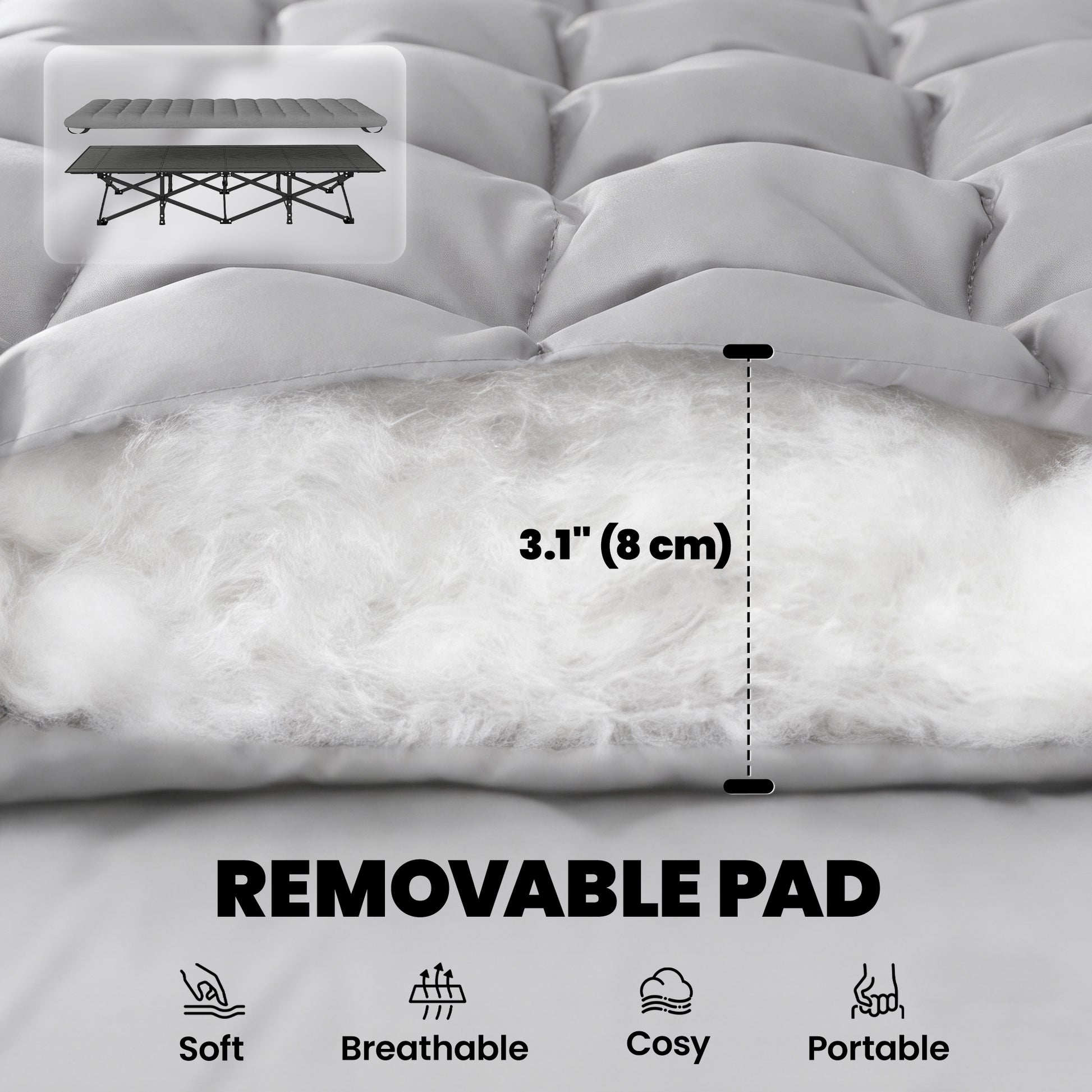 Camping Cot with Soft Pad, 32" Extra Wide Folding Cots with Non-Slip Feet and Carry Bag, Grey
