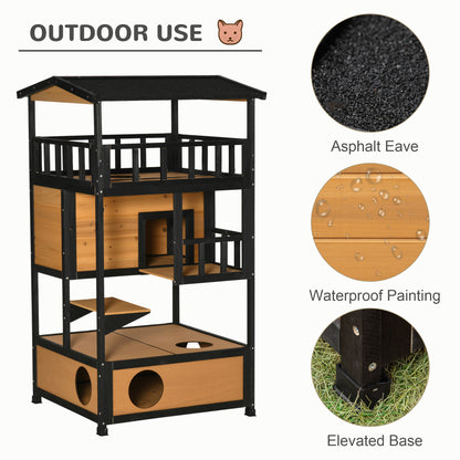 4-Floor Wood Outdoor Cat House Catio for Cats with Condo, Fun Entrances, Perch, Natural