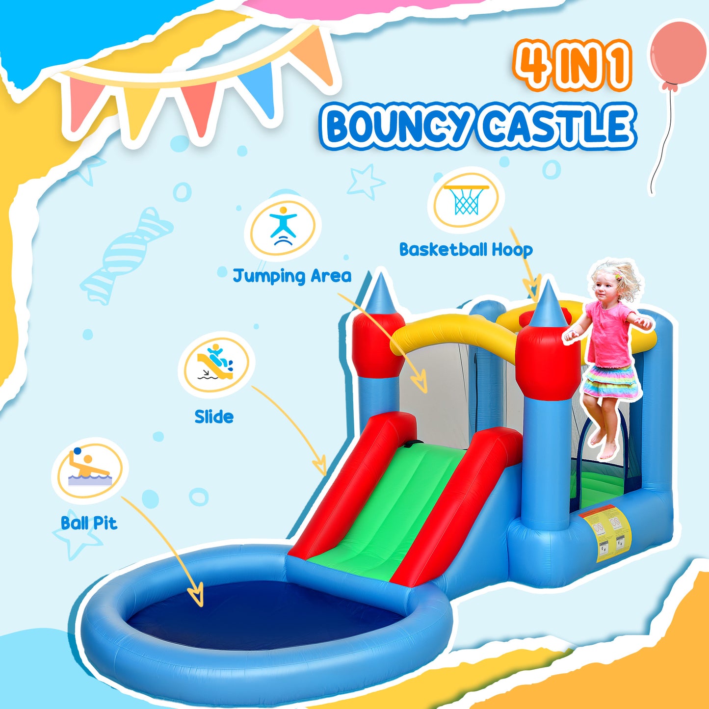 Qaba 4 in 1 Inflatable Bounce House with Slide, Basketball Hoop, Ball Pit, Blower, Storage Bag, 163" x 81" x 75"