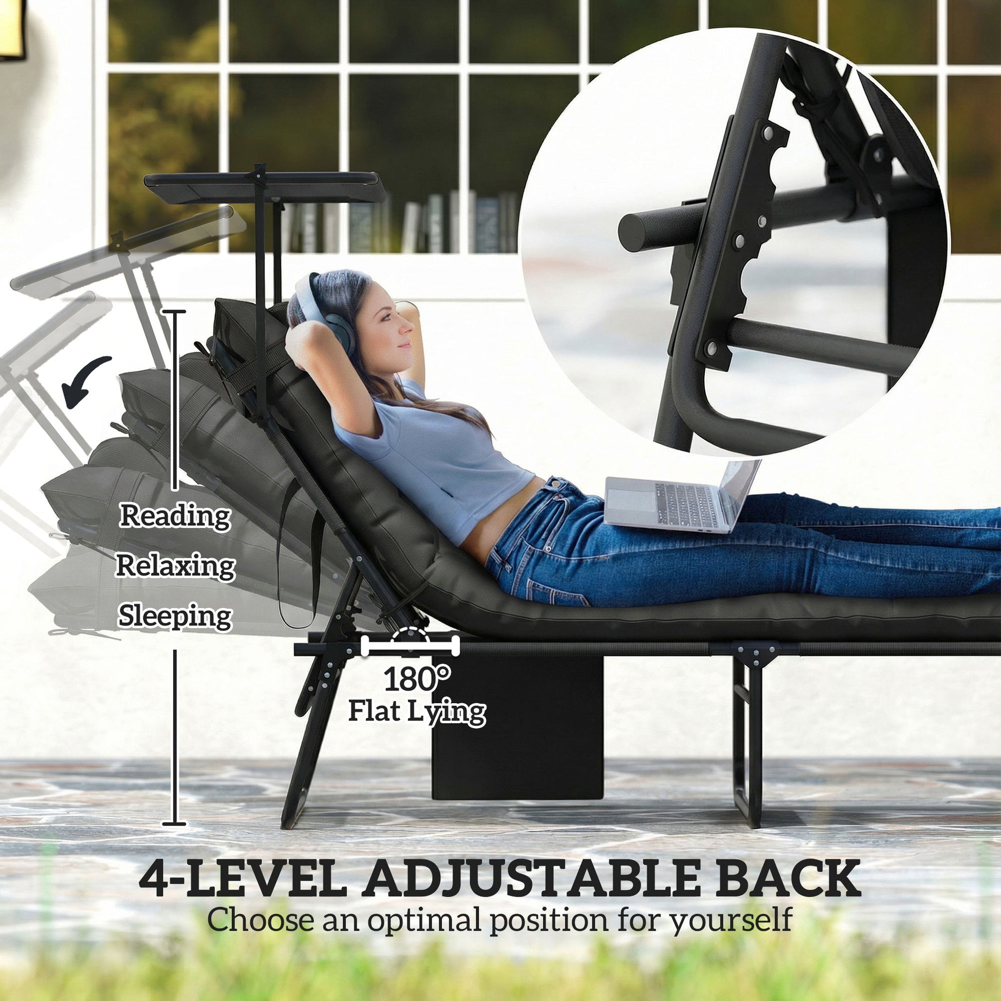 Folding Lounge Chair with Adjustable Canopy, 4-Position Outdoor Tanning Chair with Headrest, Dark Grey