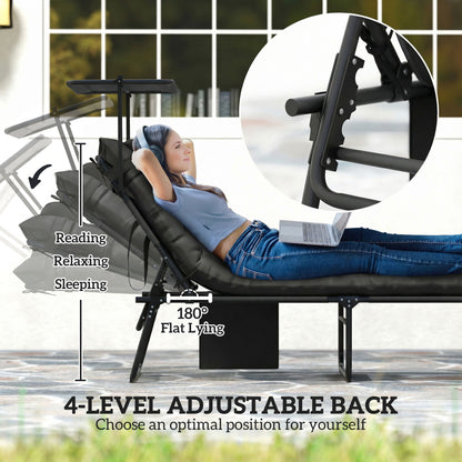 Folding Lounge Chair with Adjustable Canopy, 4-Position Outdoor Tanning Chair with Headrest, Dark Grey