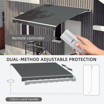 10' x 8' Electric Awning, Retractable Awning Sun Shade Shelter with Remote Controller, Manual Crank Handle and Aluminum Frame, for Deck, Balcony, Yard, Grey
