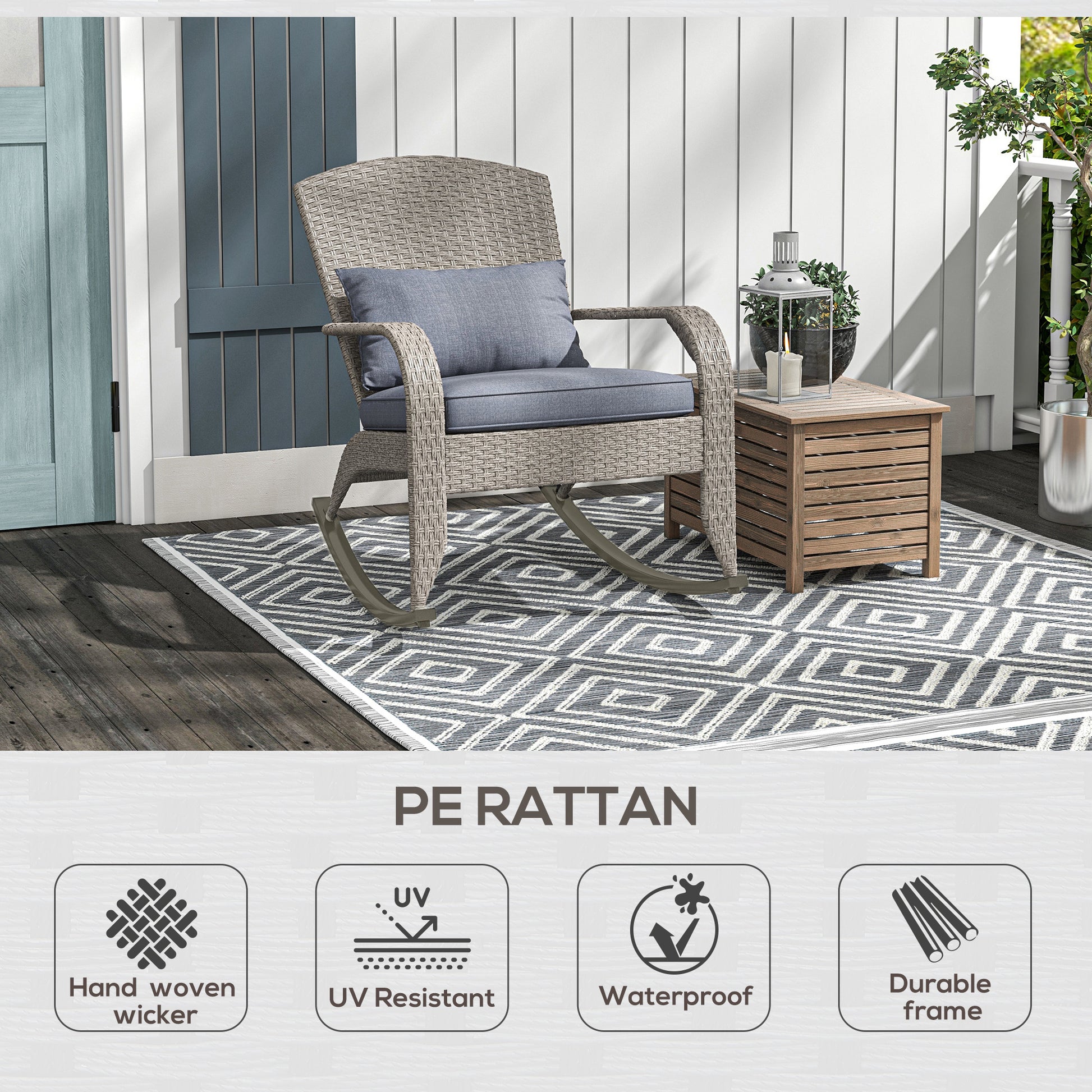 Adirondack Chair, Outdoor Wicker Rocking Chair with High Back, Seat Cushion and Pillow for Porch, Balcony, Grey