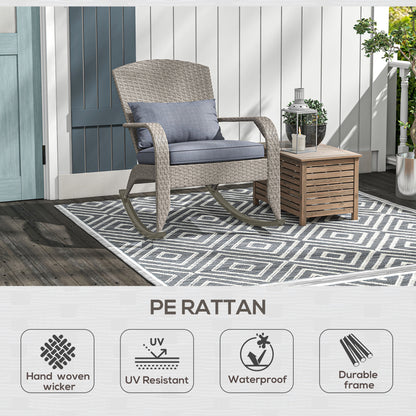 Adirondack Chair, Outdoor Wicker Rocking Chair with High Back, Seat Cushion and Pillow for Porch, Balcony, Grey