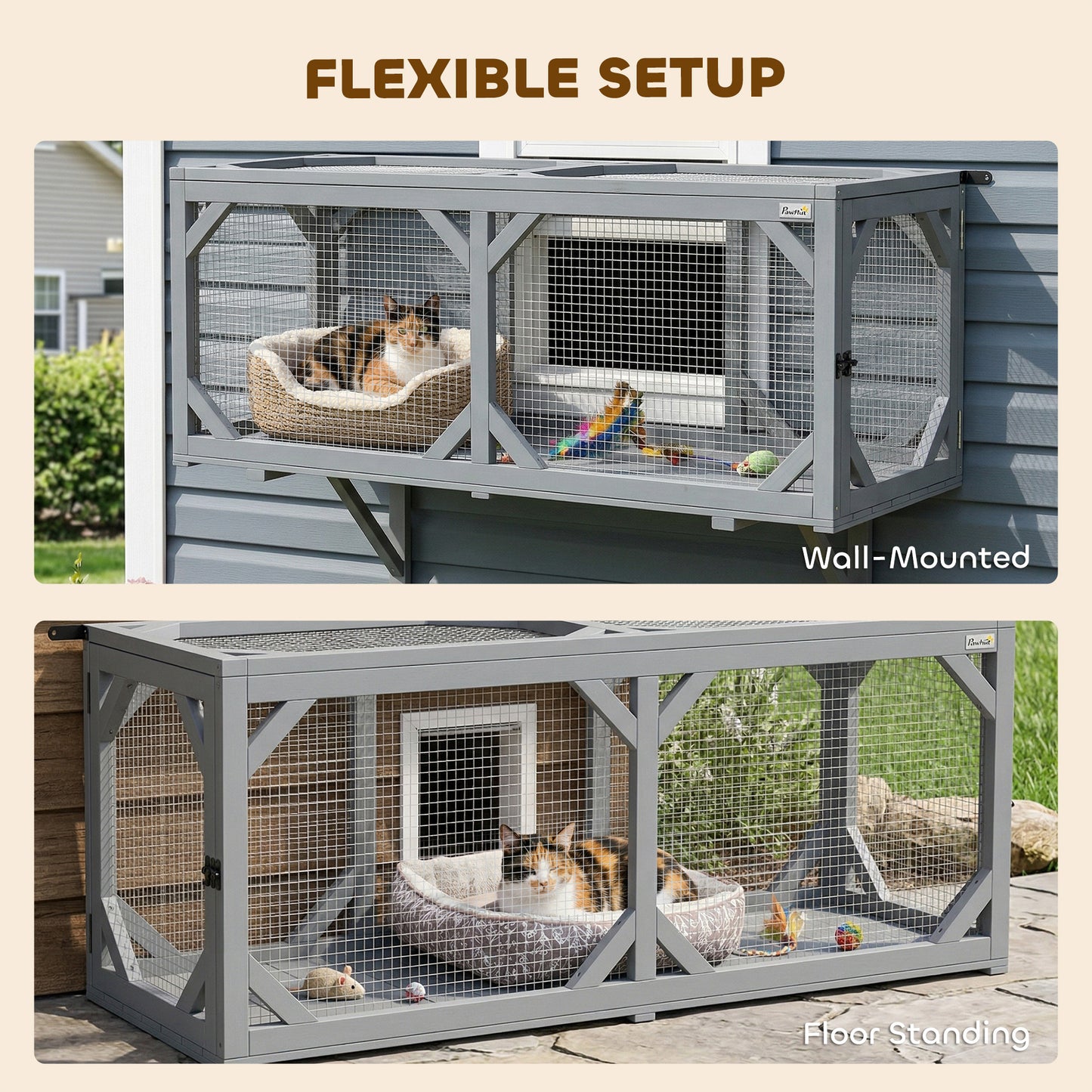 Cat Tunnel, Wooden Catio Outdoor Cat Enclosure with 2 Doors and Extendable Design, Wall-Mounted Pet Run