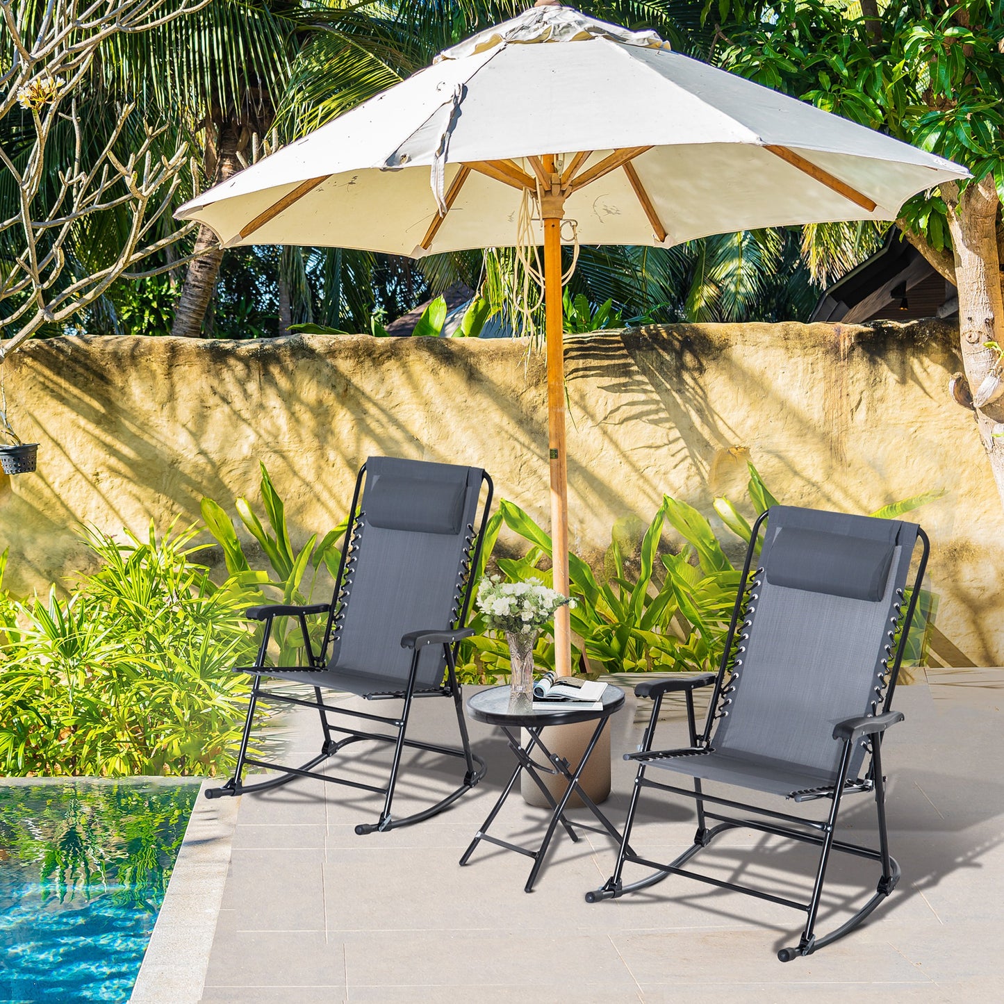 3pc Patio Rocking Chair Set, Folding Outdoor Rocking Chairs and Table Bistro Set w/ Breathable Mesh Seat & Backrest, Headrest for Park, Backyard, Garden, Grey