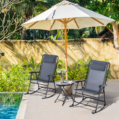 3pc Patio Rocking Chair Set, Folding Outdoor Rocking Chairs and Table Bistro Set w/ Breathable Mesh Seat & Backrest, Headrest for Park, Backyard, Garden, Grey