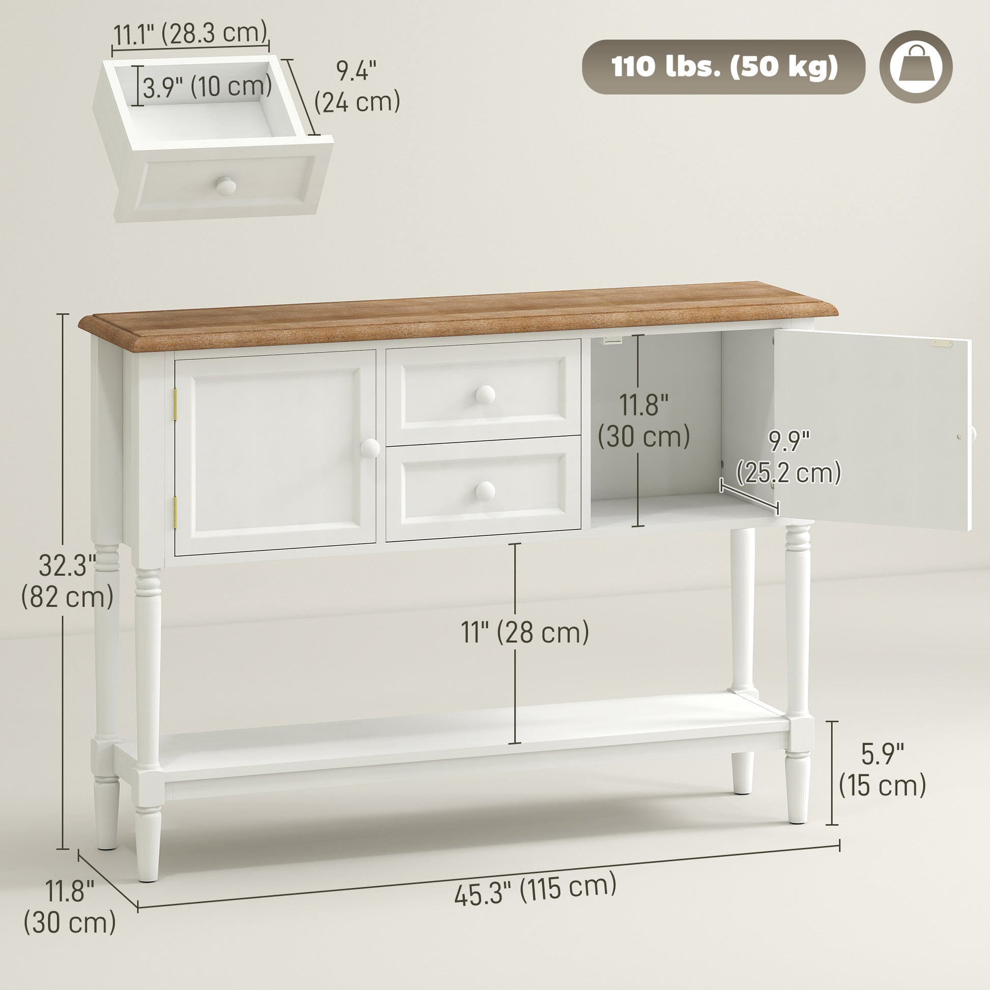 Vintage Console Table with 2 Drawers and Cabinets, Retro Sofa Table for Entryway, Living Room and Bedroom, White