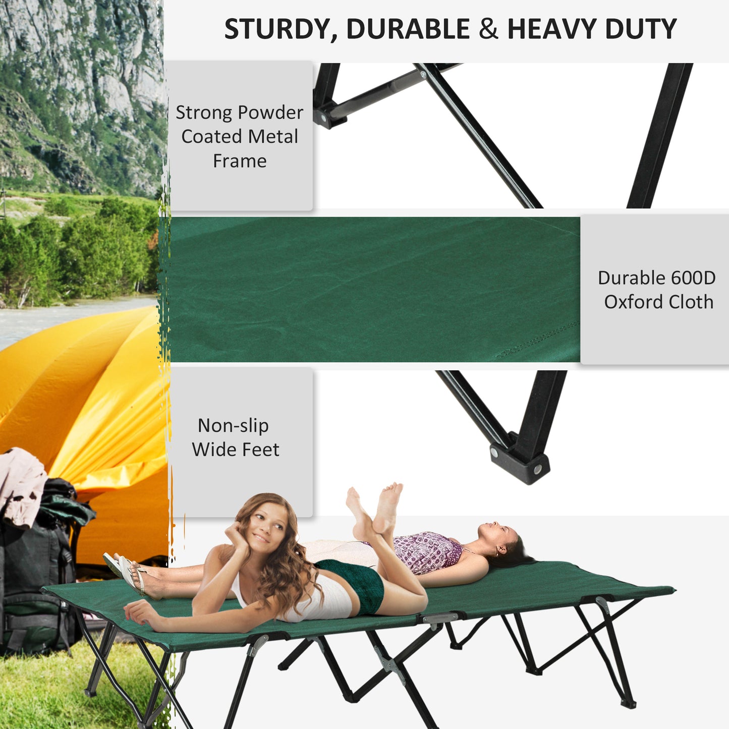 76" Two Person Folding Camping Cot Outdoor Portable Double Cot Wide Military Sleeping Bed w/ Carrying Bag Green
