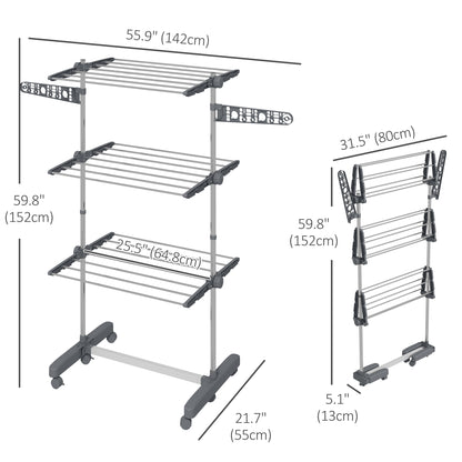 3-Tier Foldable Clothes Drying Rack, Stainless Steel Laundry Rack with 2 Side Wings and 6 Castors, Collapsible Adjustable Clothes Airer for Indoor Outdoor, Grey
