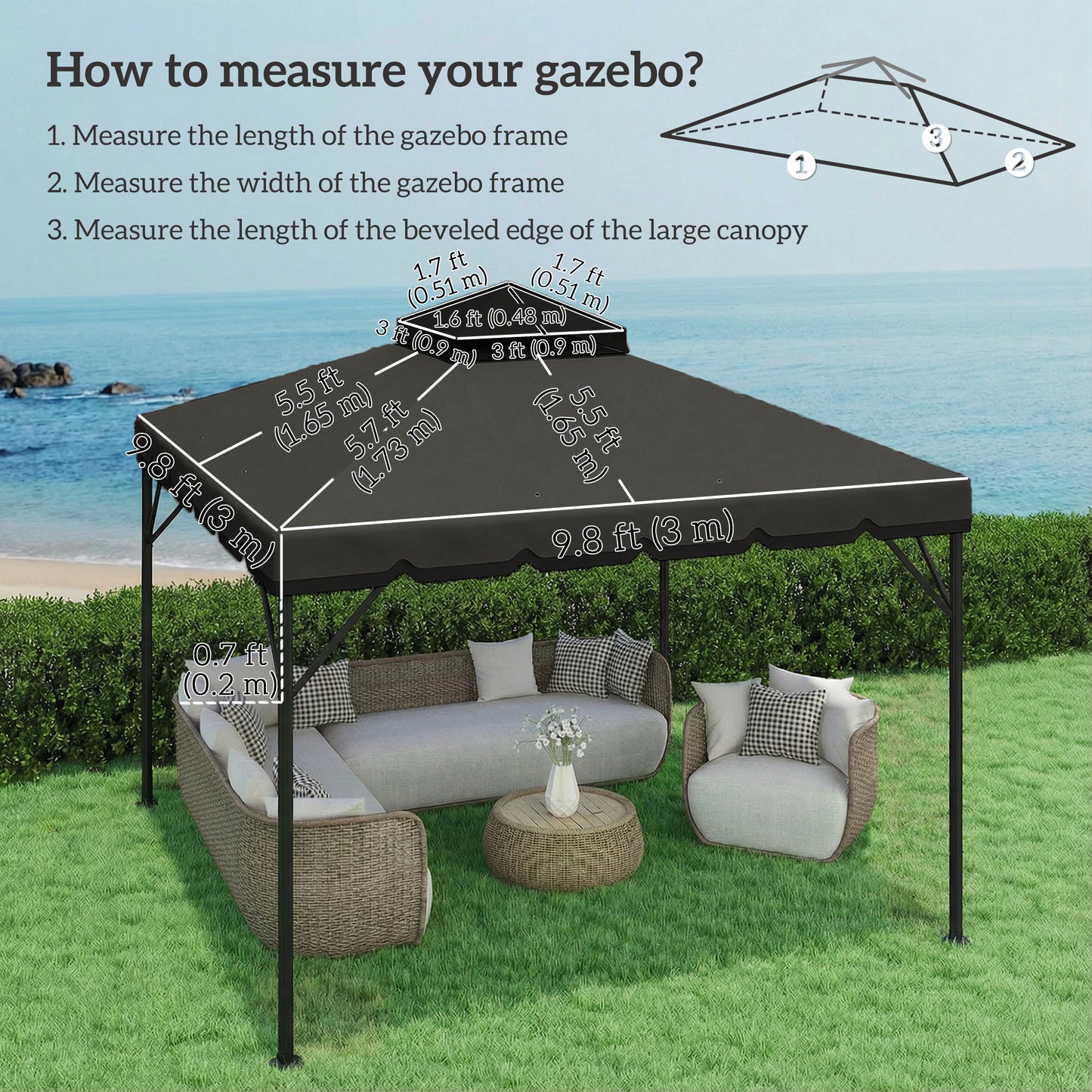 10' x 10' Gazebo Canopy Replacement, Double-Tier Outdoor Gazebo Cover Top Roof, TOP ONLY, Light Grey/Dark Grey