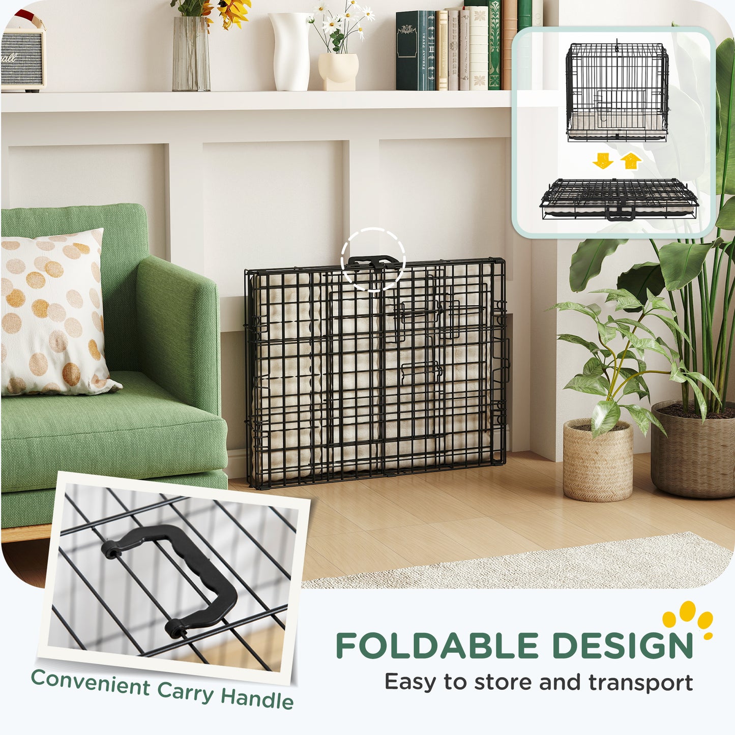 24" Dog Crate with 2 Doors, Folding Metal Dog Cage with Soft Cushion, Removable Tray, Handle for Extra Small Dogs, Black