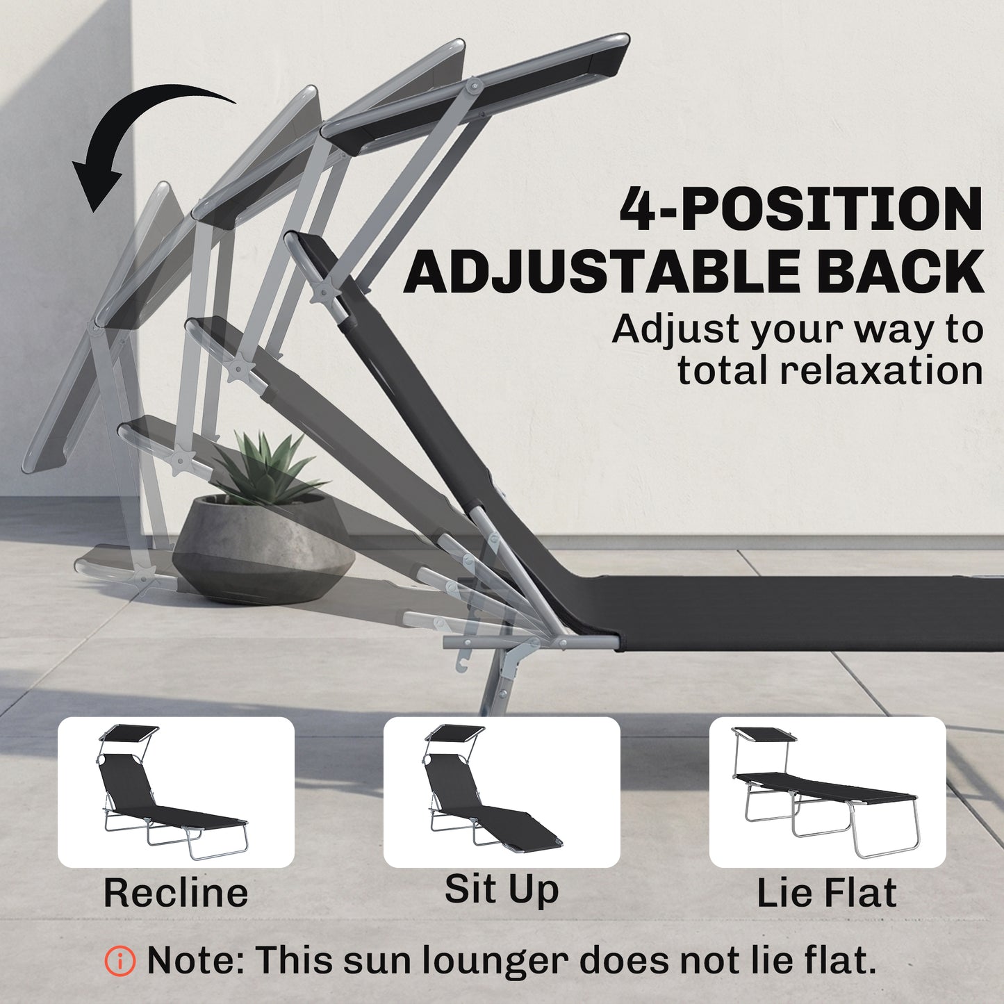 Outdoor Lounge Chair, Adjustable Folding Chaise Lounge, Tanning Chair with Sun Shade for Beach, Camping, Hiking, Backyard, Black