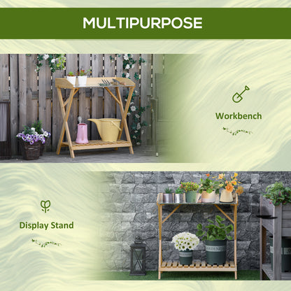 Garden Potting Bench Table, Wooden Work Station, Outdoor Planting Workbench w/ Galvanized Metal Tabletop and Storage Shelf