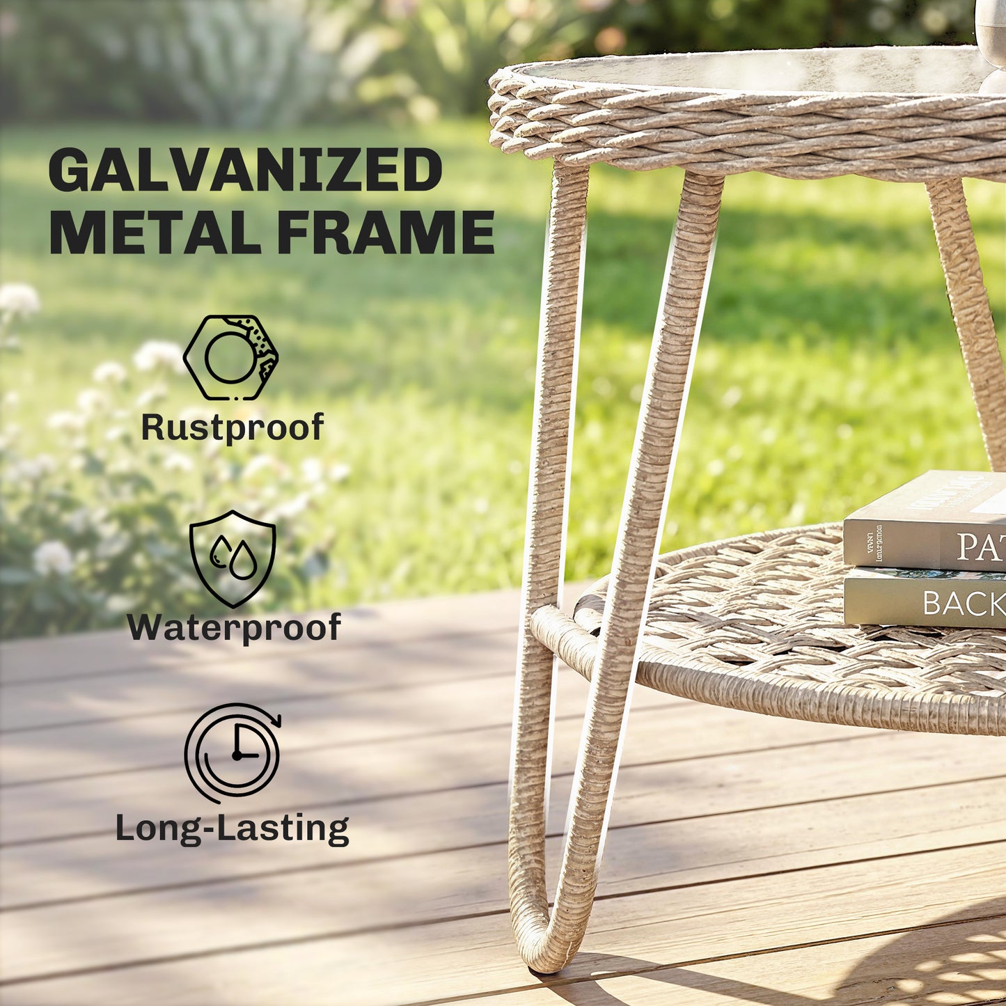 Rattan Outdoor Coffee Table, 2-Tier Small Garden Side Table with Storage Shelf, Tempered Glass Top, Adjustable Footpads