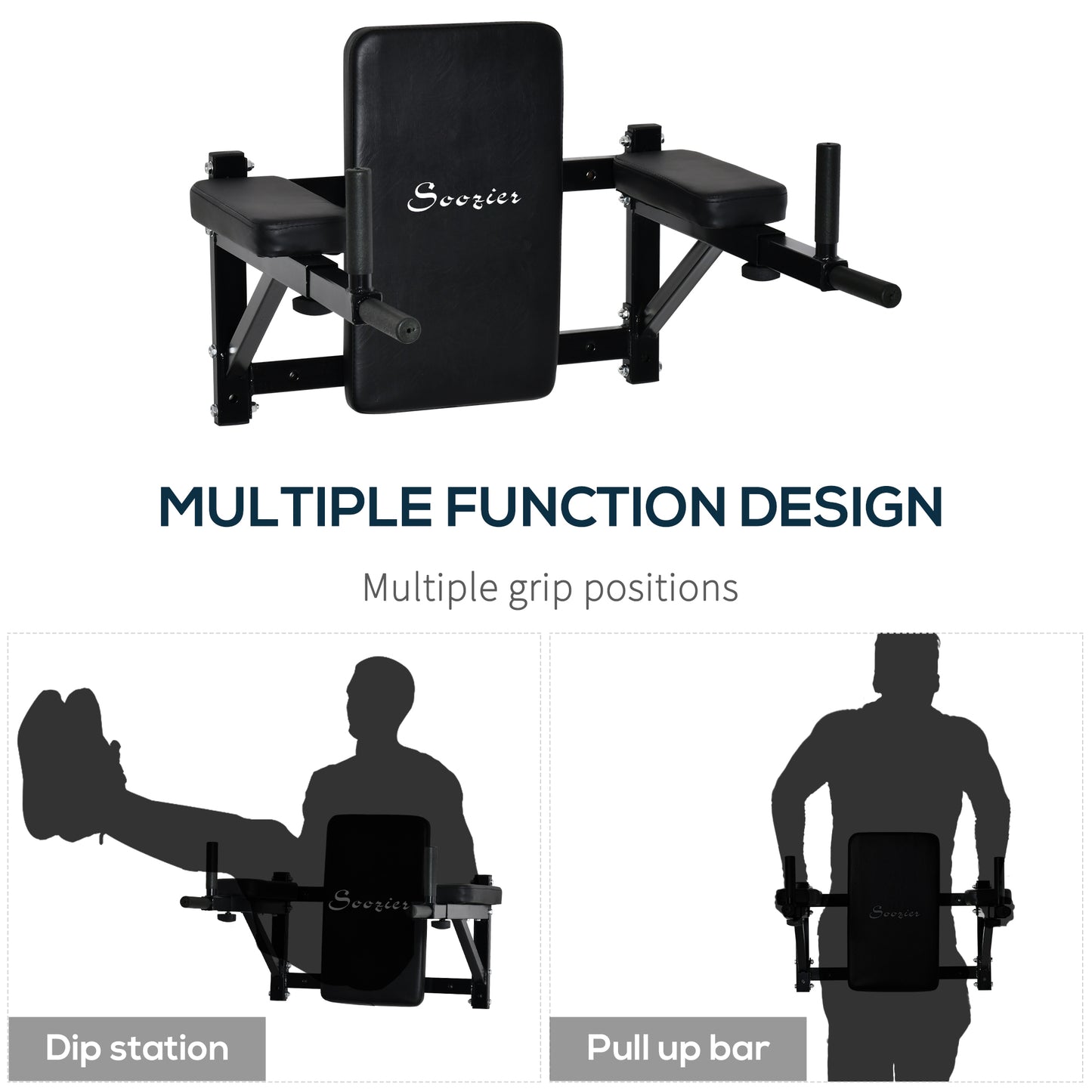 Soozier Wall Mounted Dip Station Multi-Function Power Tower Set Home Gym Pull Up Bar Chin Up Exercise Bar Knee Raise Triceps Leg Dipping Raise Rack Black