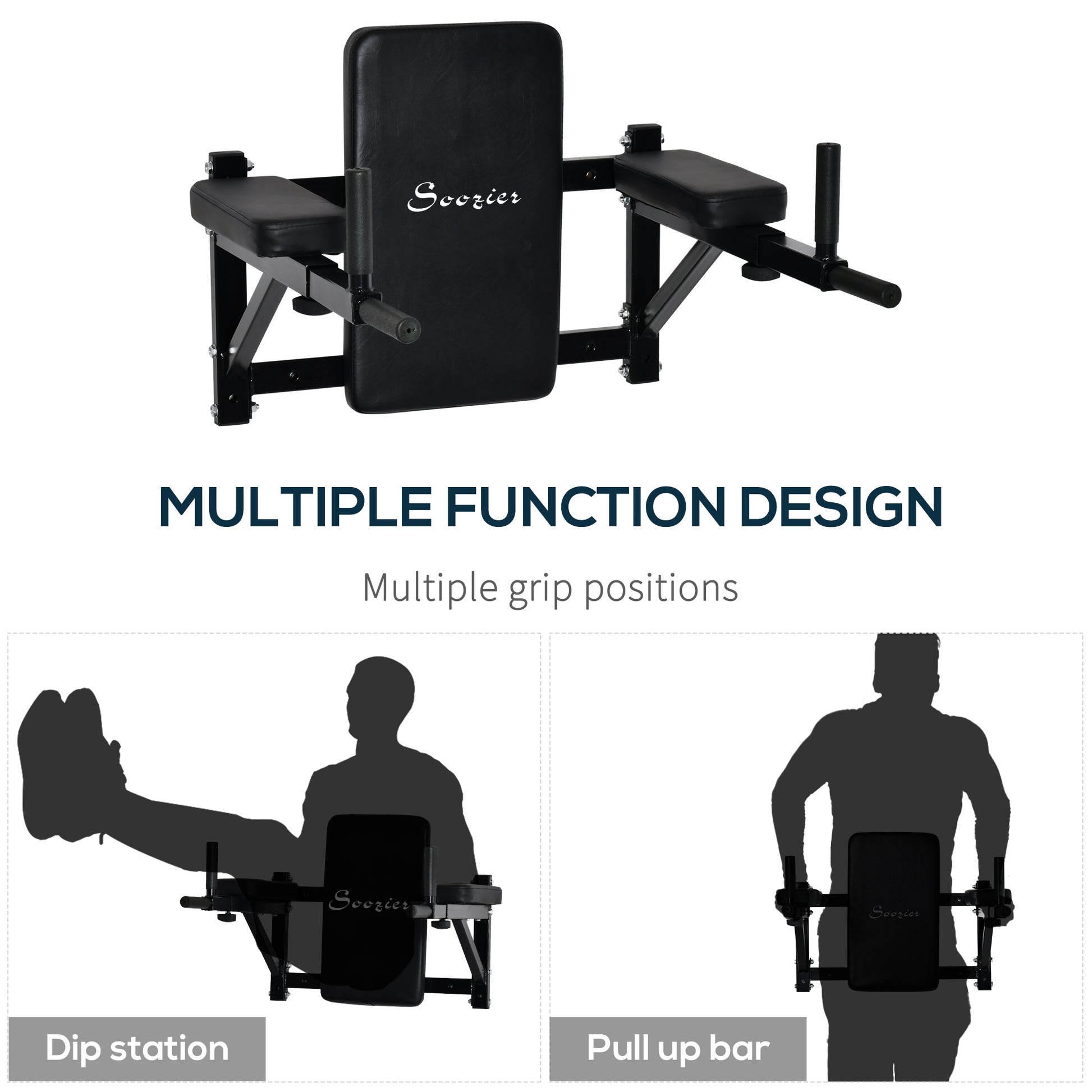 Soozier Wall Mounted Dip Station Multi-Function Power Tower Set Home Gym Pull Up Bar Chin Up Exercise Bar Knee Raise Triceps Leg Dipping Raise Rack Black