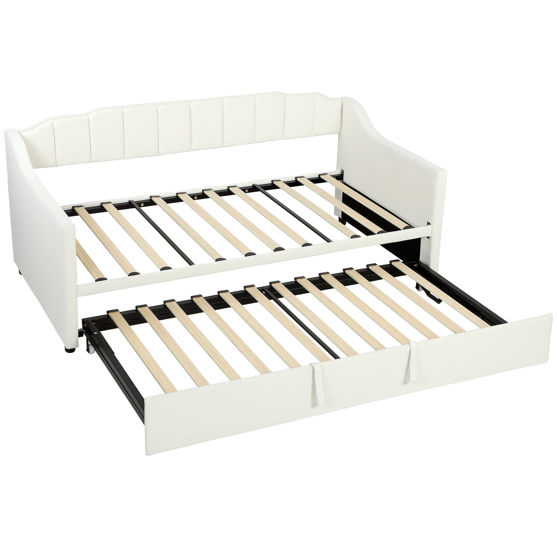 Upholstered Twin Trundle Bed, Extendable Twin to King Day Bed with Headboard and Armrests, Cream White