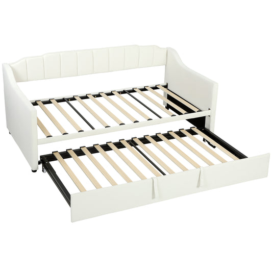 Upholstered Twin Trundle Bed, Extendable Twin to King Day Bed with Headboard and Armrests, Cream White