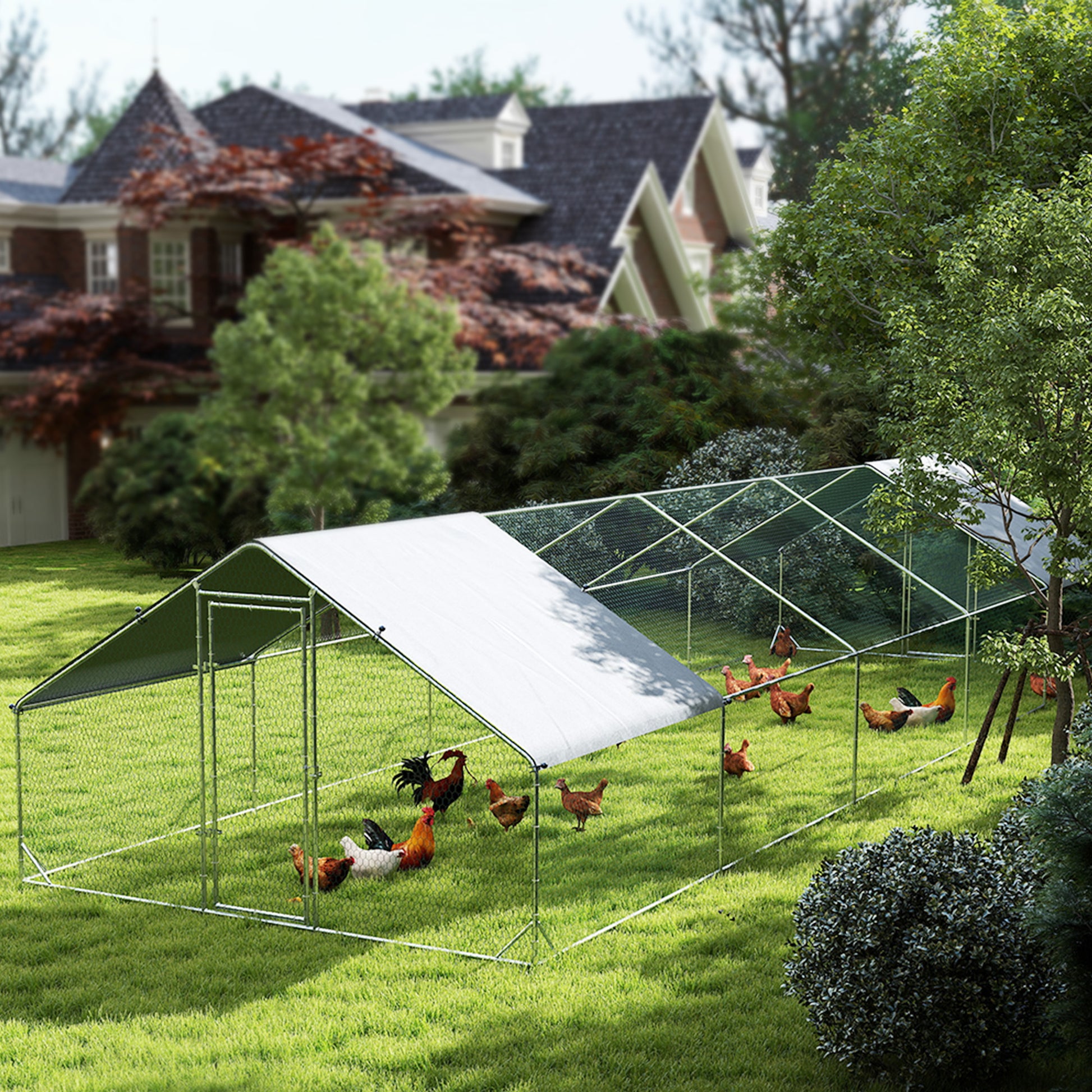 Metal Chicken Coop with Water- and UV-Protection Cover for Backyard Hen, Duck, Rabbit, 9.8' x 32.8' x 6.4'