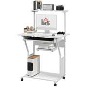 32" Mobile Computer Table, Rolling Study Desk for Home Office with Keyboard Tray, Storage Shelves, Wheels, White