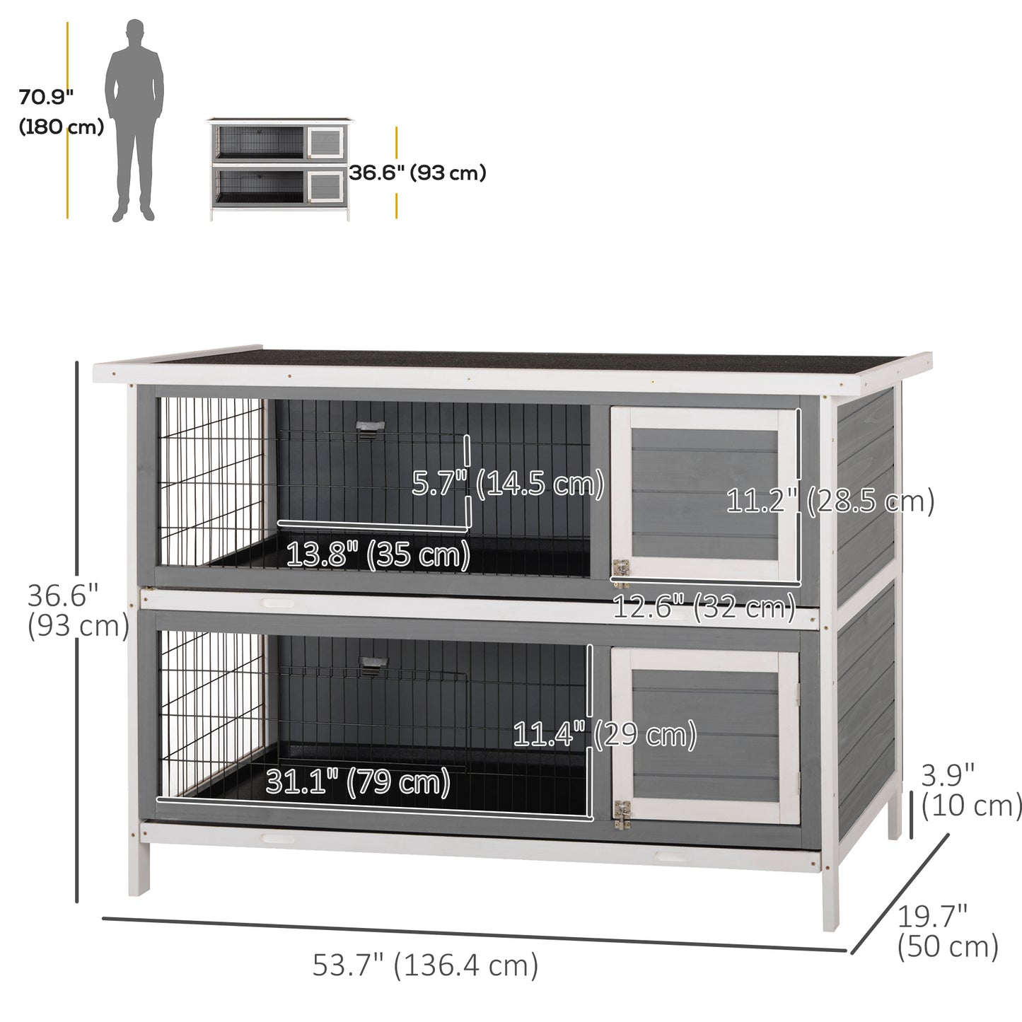 2 Tier Wooden Rabbit Hutch Bunny Pet House Wooden Coop Run, Grey