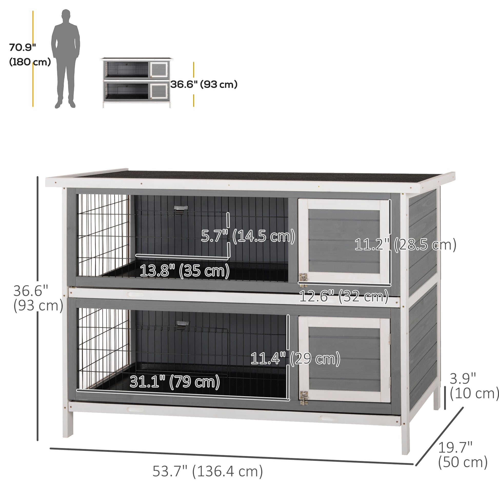 2 Tier Wooden Rabbit Hutch Bunny Pet House Wooden Coop Run, Grey