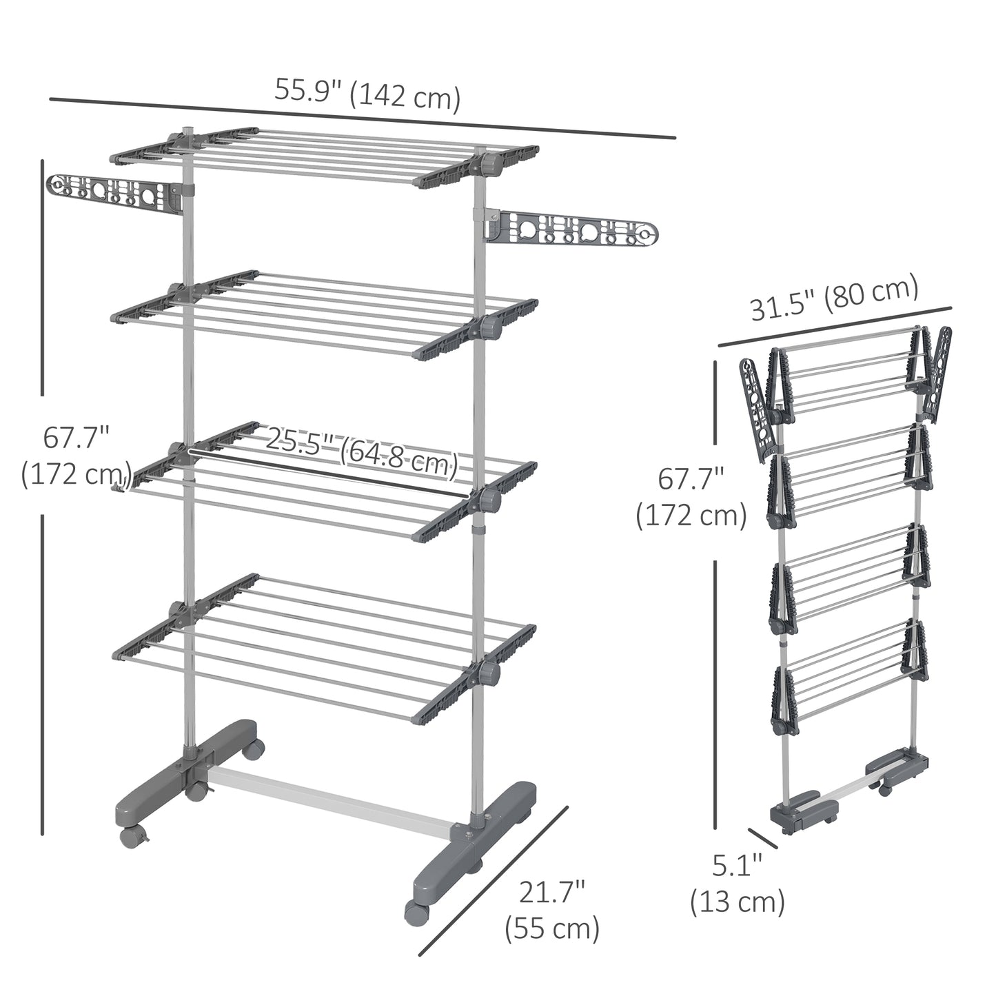 Garment Drying Rack Stainless Steel Folding Clothes Hanging Rack with Side Wings Castors for Indoor Outdoor Grey