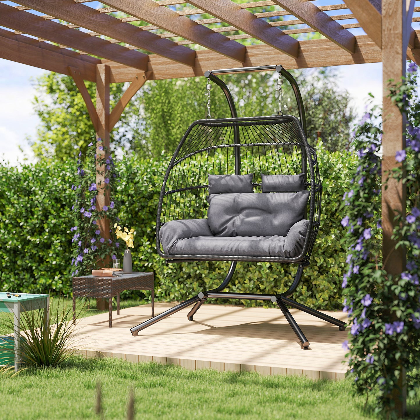 Double Wicker Egg Swing Chair with Stand, Foldable Hanging Egg Chair with UV Resistant Cushion, Headrest, Dark Grey