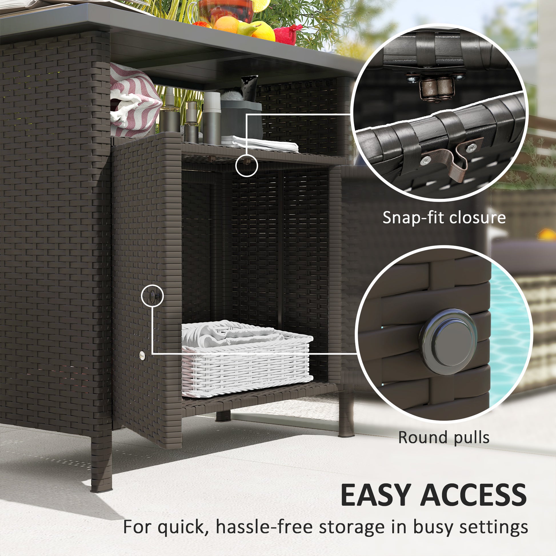 Wicker Outdoor Storage Cabinet with Two Doors and Shelf for Outdoor Pool Towel Storage, Dark Coffee
