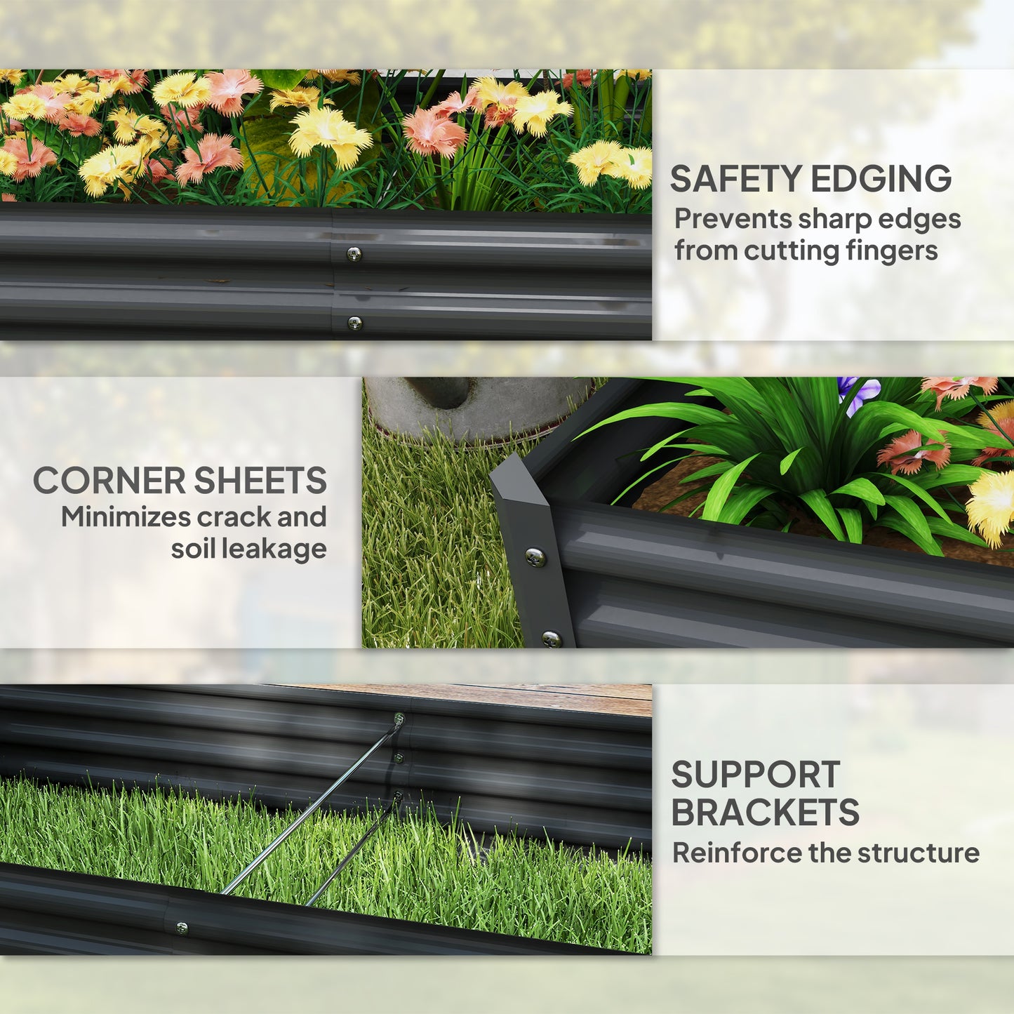 6 x 3 x 1ft Galvanized Raised Garden Bed, Reinforced Outdoor Planter Box with Open Bottom, Dark Grey