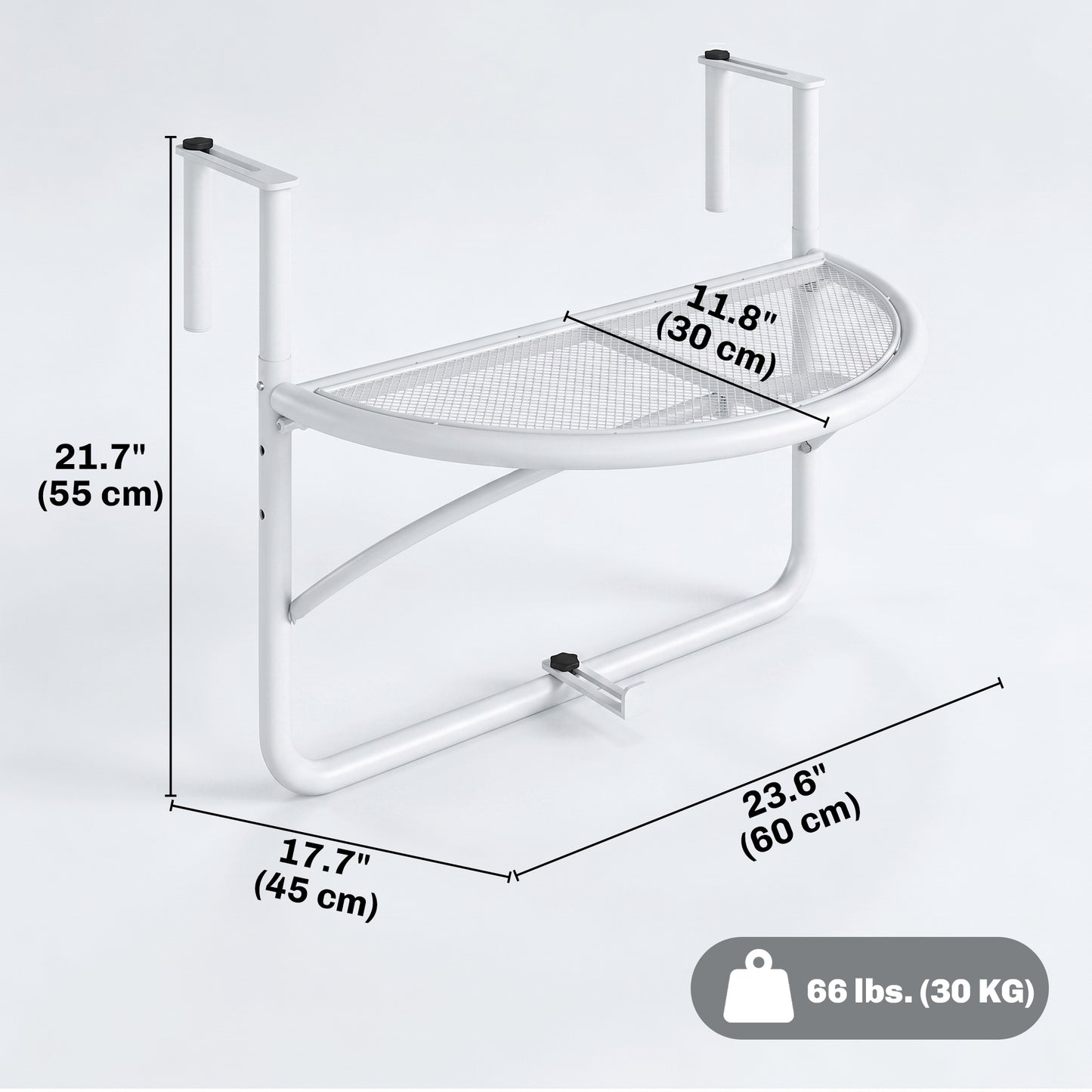 Adjustable Balcony Hanging Railing Table, Metal Mounting Mini Wall Desk Storage Rack, Outdoor Flower Stand Serving Table Half Round, White