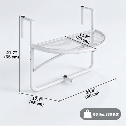 Adjustable Balcony Hanging Railing Table, Metal Mounting Mini Wall Desk Storage Rack, Outdoor Flower Stand Serving Table Half Round, White