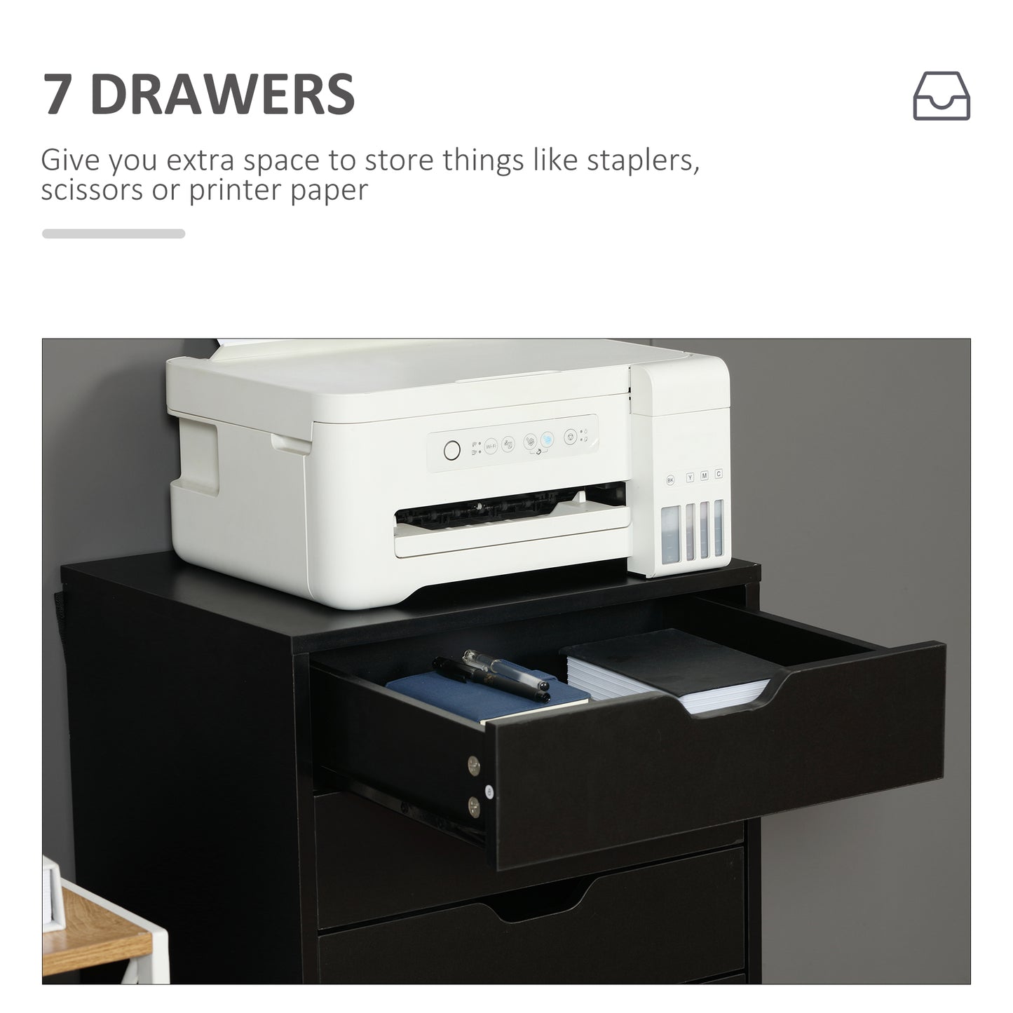 7-drawer Vertical File Cabinet for Home Office, Storage Cabinet with Wheels, 18.7"x15.6"x35.4", Black