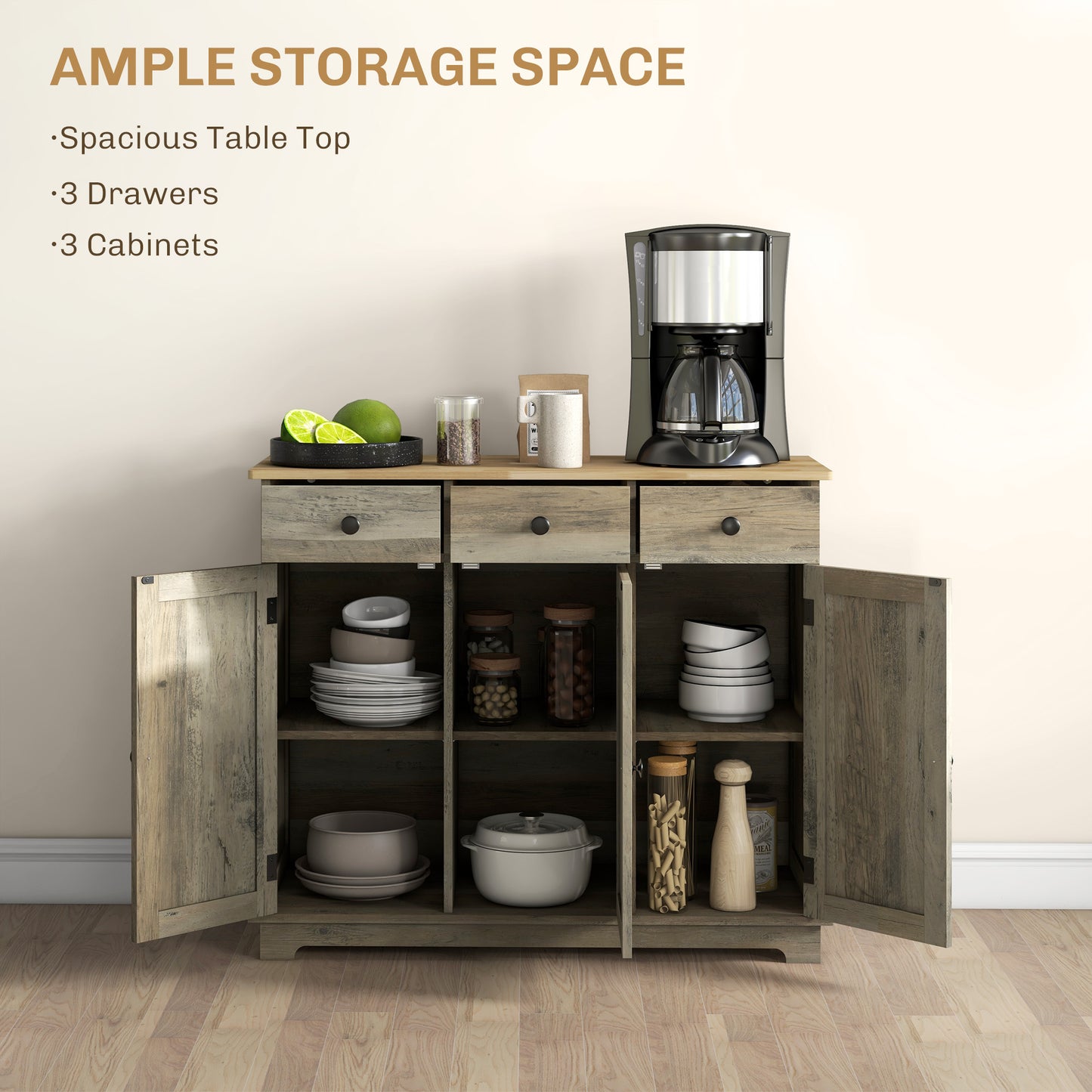Modern Sideboard, Buffet Cabinet with Storage Cabinets, Drawers and Adjustable Shelves for Living Room, Washed Grey