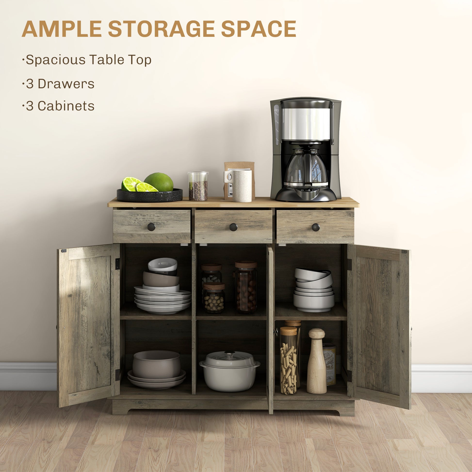 Modern Sideboard, Buffet Cabinet with Storage Cabinets, Drawers and Adjustable Shelves for Living Room, Washed Grey