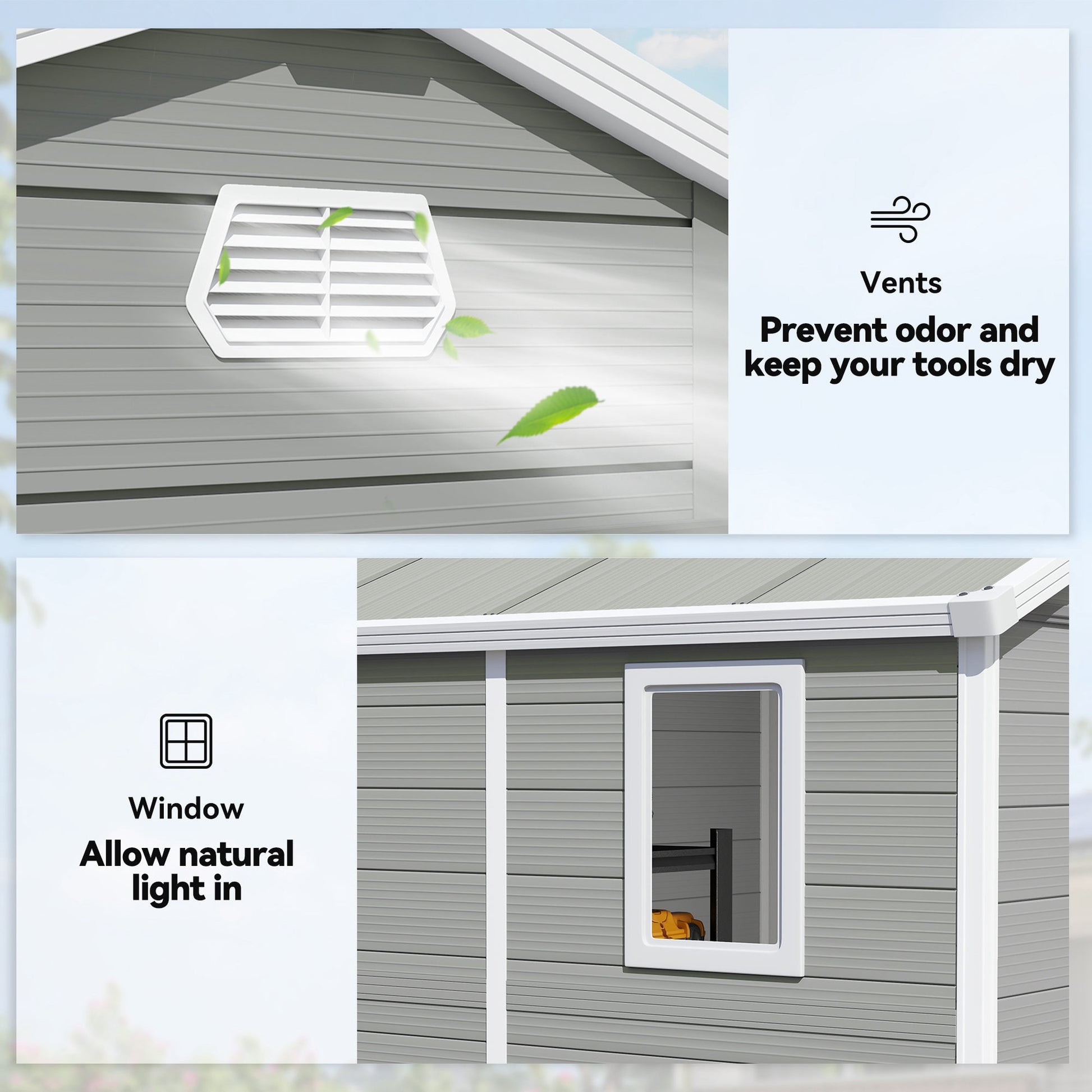 8' x 6' Plastic Garden Storage Shed with Latch Door, Vents, Sloped Roof, Light Grey