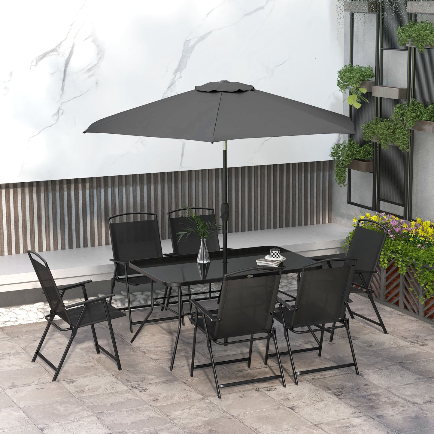 8 Piece Patio Set with Umbrella, 6 Folding Chairs, Rectangle Table, Outdoor Dining Set for 6 with Mesh Seat, Black
