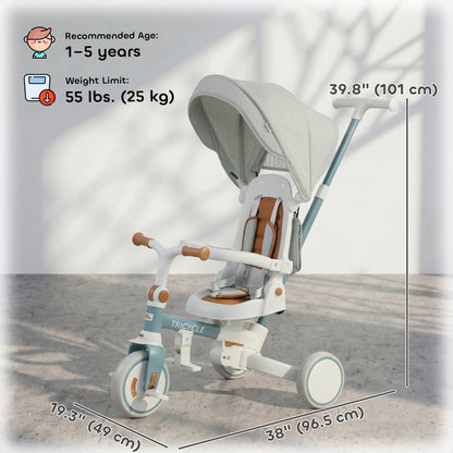 Qaba 9 in 1 Toddler Tricycle with Safety Harness, Adjustable & Removable Parent Handle, Canopy, Storage Bag, Brake, Blue