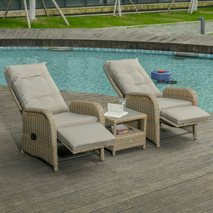 3 Pieces Patio Wicker Bistro Set, PE Rattan Coffee Table & Adjustable Recline Chairs Furniture Set with Cushions and Wood Grain Plastic Top, Khaki