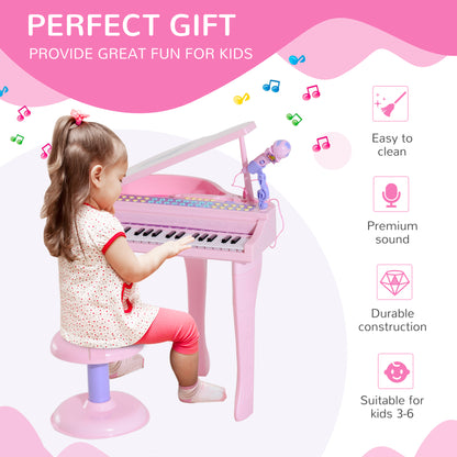 Qaba Mini Electronic Musical Piano 37 Key Keyboard Multifunction Kids Toy with Microphone Stool (Pink)