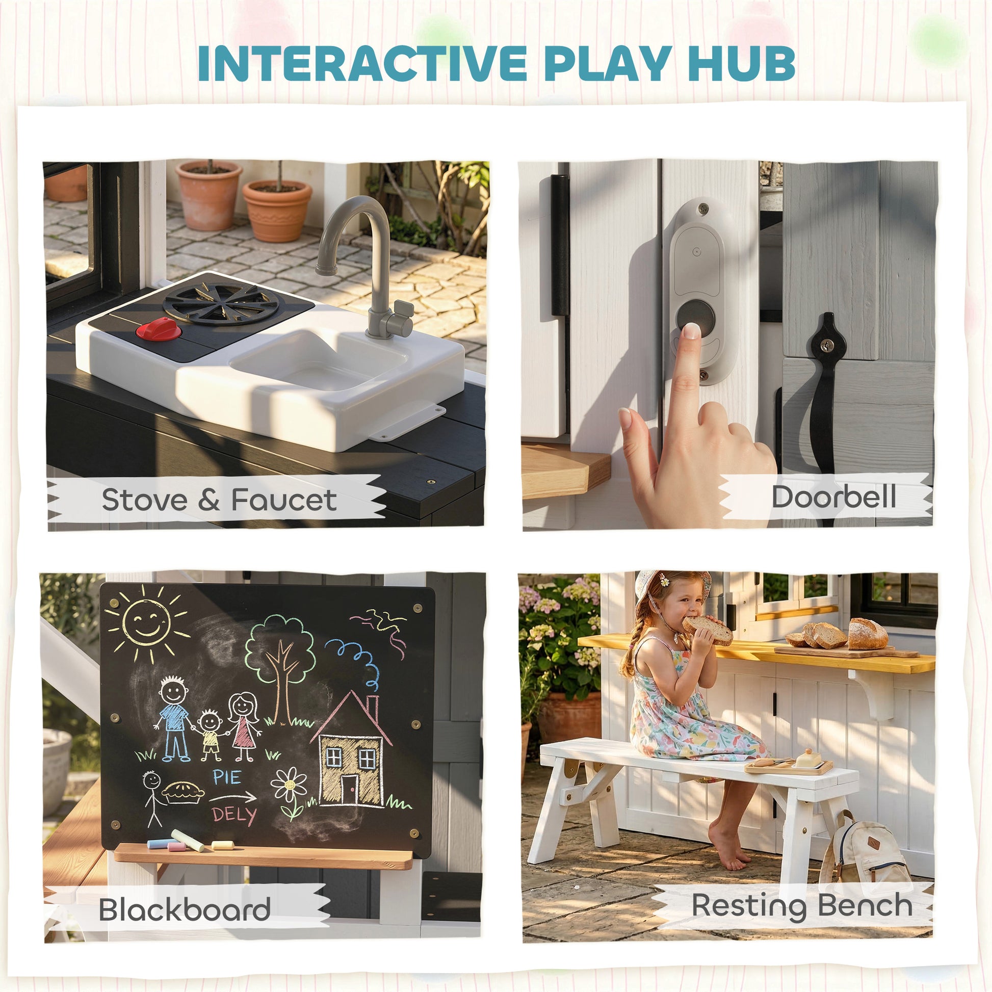 Qaba Outdoor Playhouse, Wooden Kids Playhouse with Dog Door, Cookware, Blackboard, Bench, Doorbell for Ages 2+