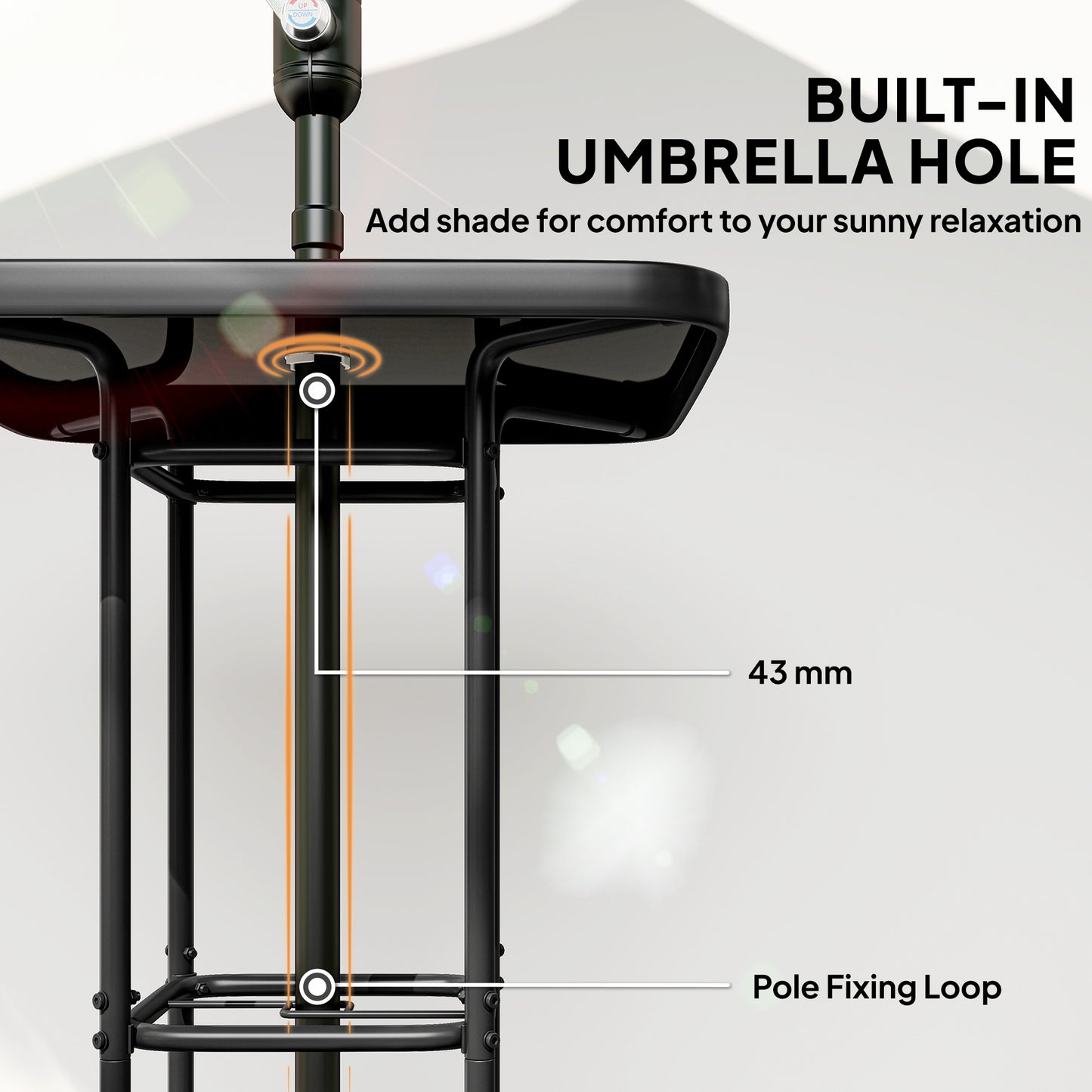 Outdoor Bar Table with Umbrella Hole, 41.3" Bar Height Patio Table with Glass Top and Metal Frame, Black
