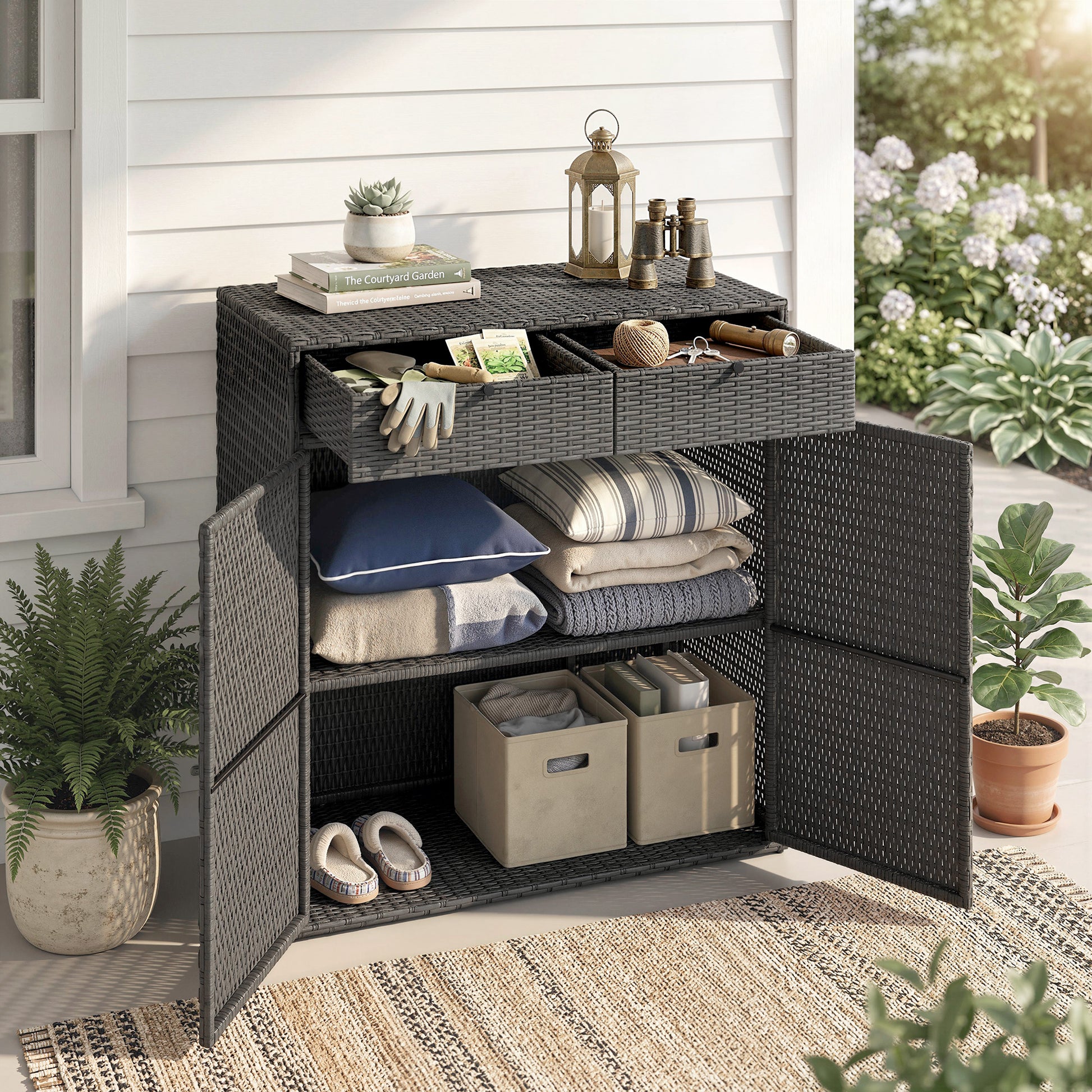 Wicker Outdoor Storage Cabinet with 2 Doors and Drawers, 2-Tier Shelf Rattan Patio Storage Cabinet, Dark Grey