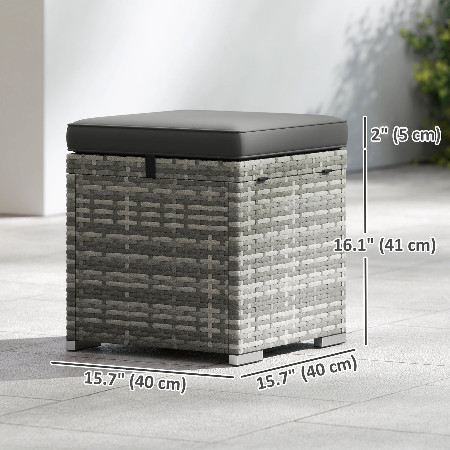 2 Pieces Wicker Outdoor Ottoman with Storage, Cushion, Square Outdoor Footstool, Seating, Side Table, Dark Grey