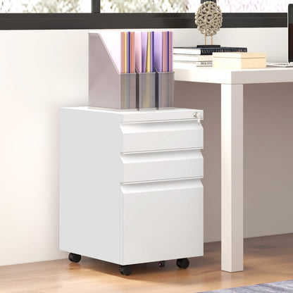 3 Drawer File Cabinet with Lock, Steel Vertical Filing Cabinet with 5 Wheels and Hanging Bar for A4/Legal/Letter, Home Office Printer Stand with Pre-Assembled Body, White