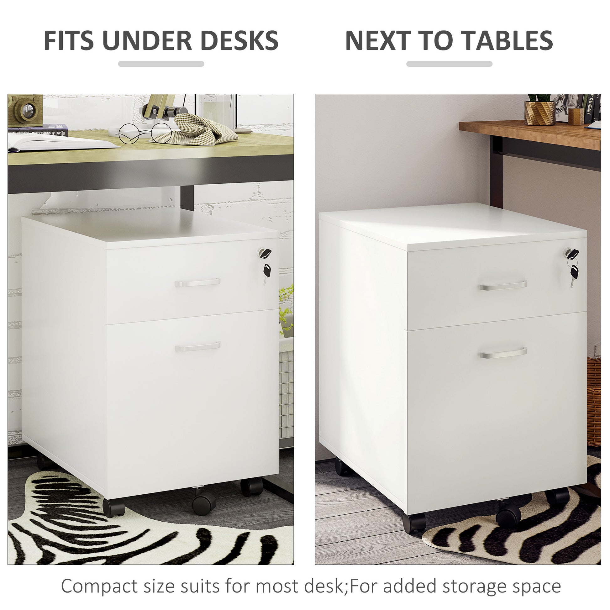 2 Drawer File Cabinet with Lock and Keys, Mobile Vertical Filing Cabinet with Wheels and Drawers, Home Office Cabinet, White