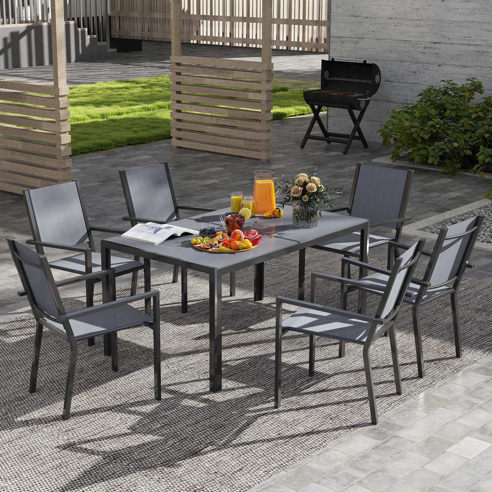 7 Piece Outdoor Dining Set with 6 Stackable Chairs, Rectangle Table, WPC Slatted Top, Rust-Resistant Steel Frame