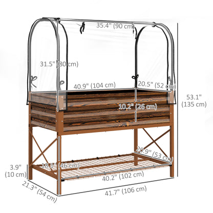 Raised Garden Bed with Cover, Metal Elevated Planter Box with Bottom Shelf and Liner, Dark Brown Wood Effect